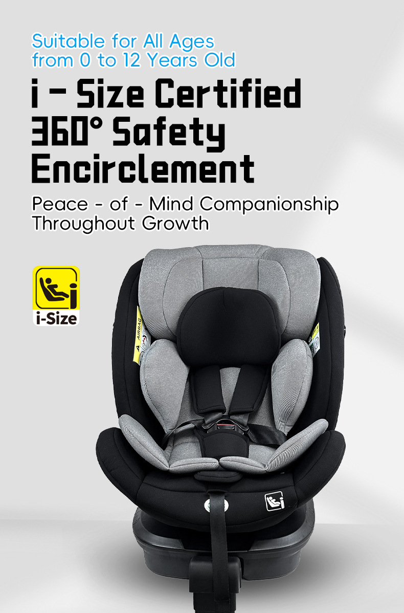 I-Size Certified Child Car Safety Seat for Babies Aged 0-12 Years 360 ° Rotating Isofix Support Leg