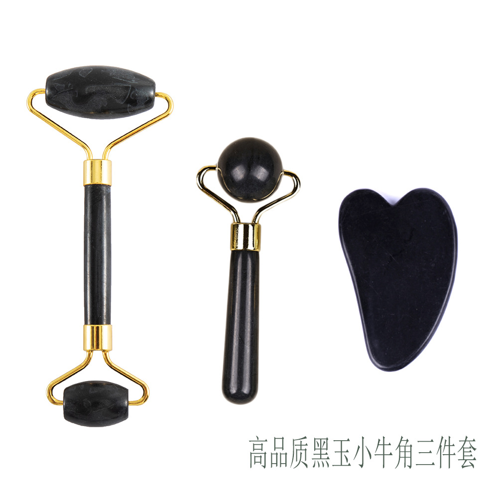 Juego de tres piezas de rodillo de jade natural y tabla de gua sha, dispositivo de belleza para masaje facial, lámina de gua sha facial, fabricante de rodillos de jade