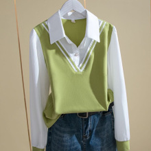 清仓特价针织拼接假两件衬衫女2025年春季新款长袖拼接衬衣打底衫