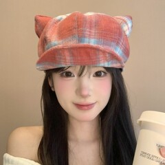 日系格纹小鹿耳朵文艺贝雷帽女秋冬保暖百搭显脸小画家帽云朵帽潮