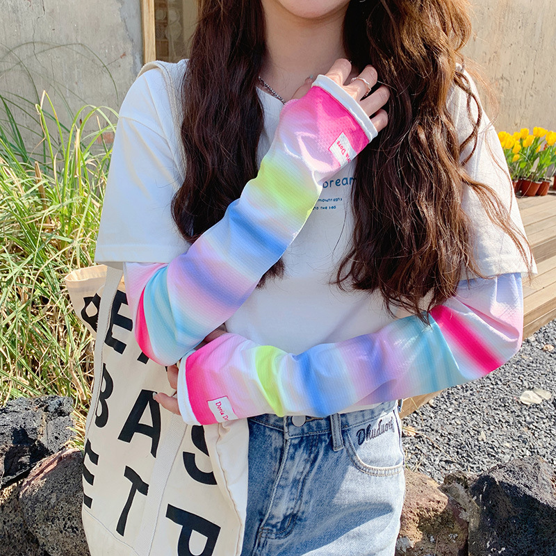 Arco iris degradado guantes de protección solar mujeres conducción al aire libre protección UV protector de brazo de seda de hielo estudiantes ciclismo protector solar mangas de hielo