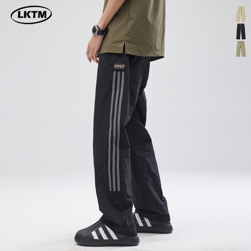 Lktm Men's Clothing # Summer American Retro Patchwork Striped Casual Pants Men's Trendy Loose Quick-Dry Drawstring Straight Pants