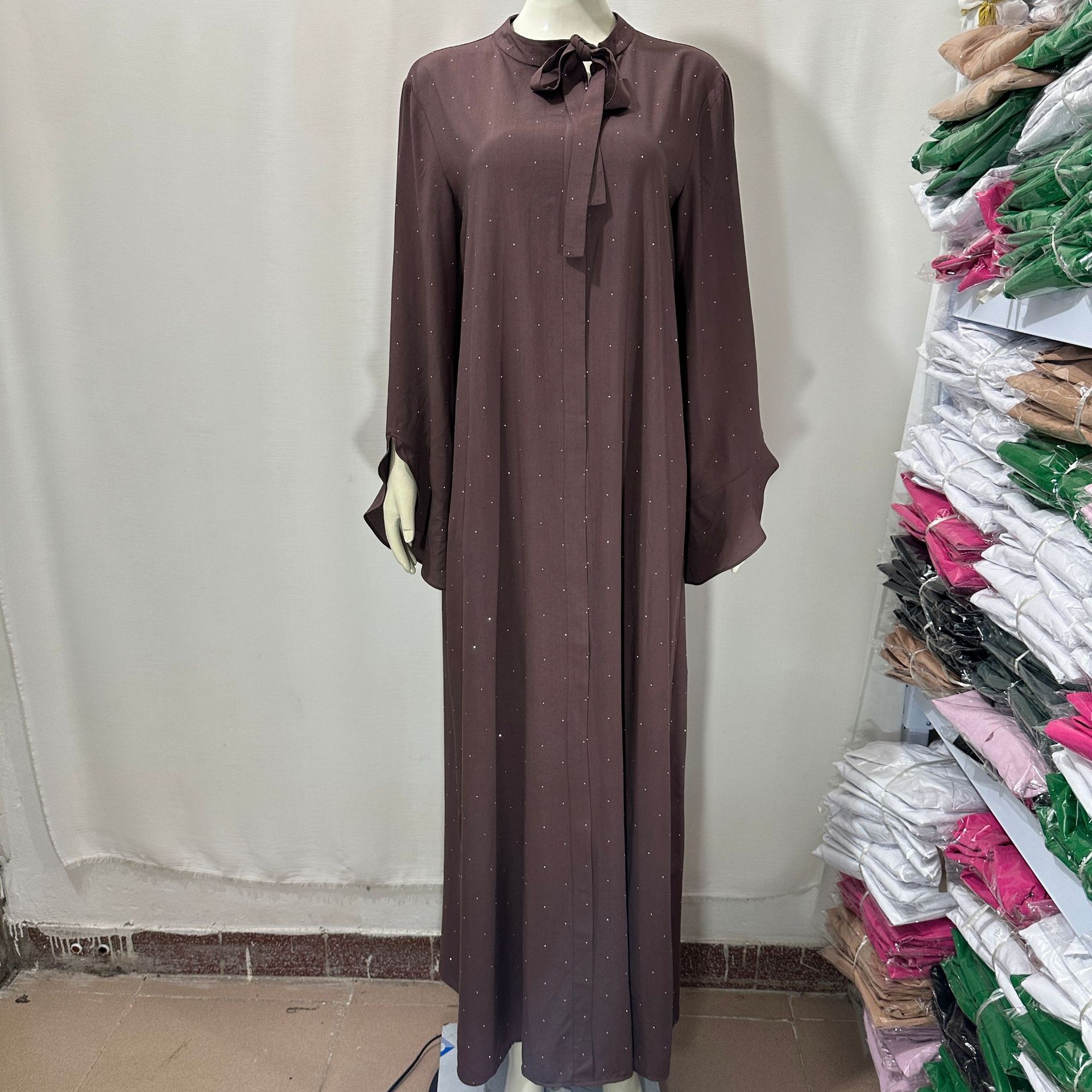 In-stock Middle Eastern Cross-border New Product Dress, Style With Ties, Round Neck, Long Sleeves, Elegant Shiny_ecoleips.com