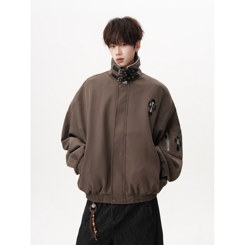 Cross-border jacket with cross-shaped belt buckle, Harrington jacket for men, spring and autumn, high-end short bomber baseball jacket