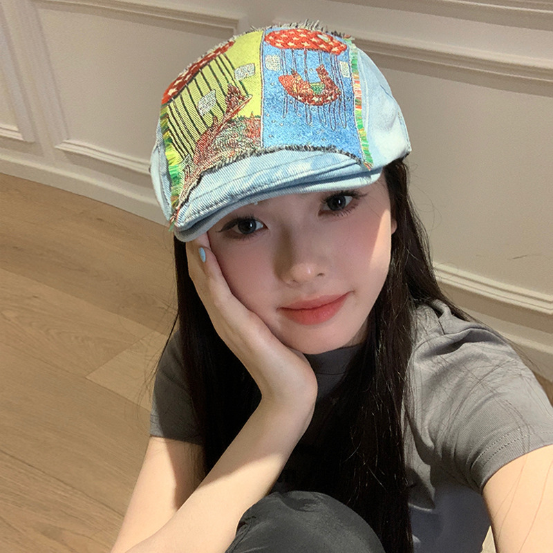 新款小众艺术家贴布牛仔前进帽韩版原创鸭嘴帽复古画家帽子潮