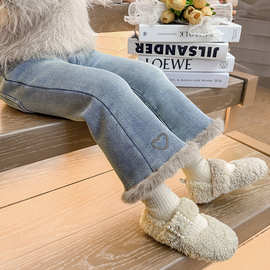 女童加绒牛仔裤冬季2025新款女宝宝加厚冬装儿童装一体绒喇叭裤子