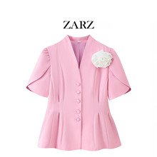 ZARZ 自制 欧美风 新款女装 洋气 时髦 手工花收腰短袖西装上衣