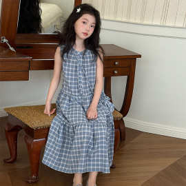 夏季中大女童无袖连衣裙2026新款童装儿童女孩气质无袖格子裙薄款