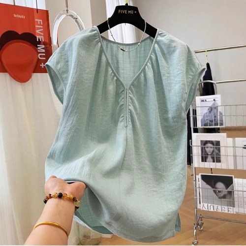 2025 summer new cotton linen short-sleeved V-neck loose temperament shirt top