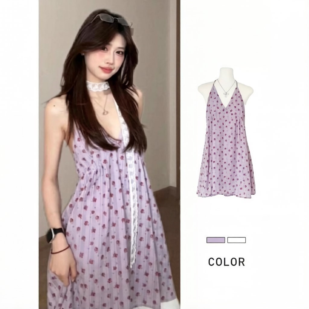 Purple halter-neck backless floral print dress, new summer 2026 style, trending for beach vacations.