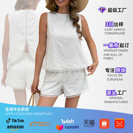 欧美跨境独立站2026纯色露背白色烧花刺绣背心短裤女夏套装两件套
