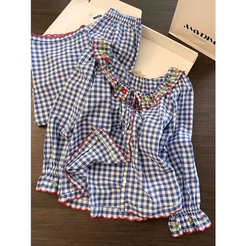 Sweet and Fresh Blue and White Plaid Doll Collar Long-Sleeved Pajamas for Women 2026 Spring & Fall New Style Home Wear Set That Can Be Worn Outside Sweet and Fresh Blue and White Plaid Doll Collar Long-Sleeved Pajamas for Women 2026 Spring & Fall New Style Home Wear Set That Can Be Worn Outside