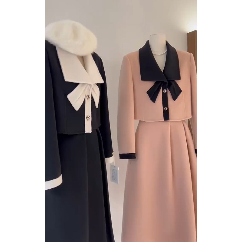 韩剧穿搭千金风粉色毛呢裙子套装名媛高端富家千金小洋装两件套冬