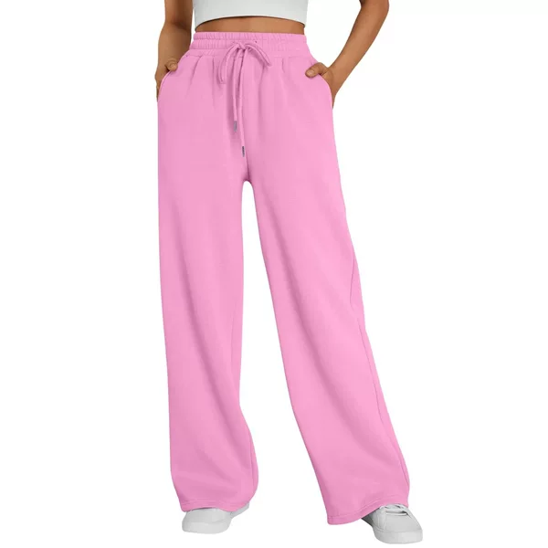 European and American Style Loose Sports Pants for Women, High-Waisted with Elastic Waistband and Drawstring Design, Straight Wide-Leg Versatile Casual Long Pants