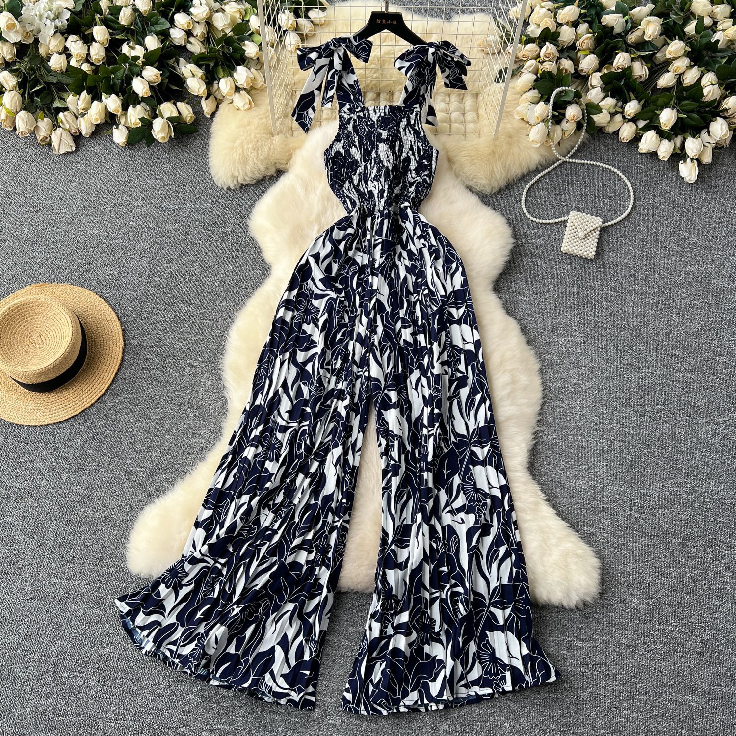 Viajes y vacaciones con mono para mujer, pliegues elásticos de verano, cintura, tirantes florales, pantalones largos de pierna ancha, pantalones de playa