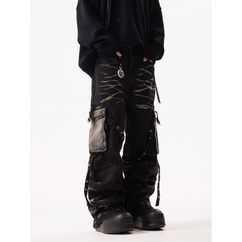 Pantalones cargo rectos holgados y resistentes con múltiples bolsillos, con cordones y diseño retro ondulado para hombre_voghion.com