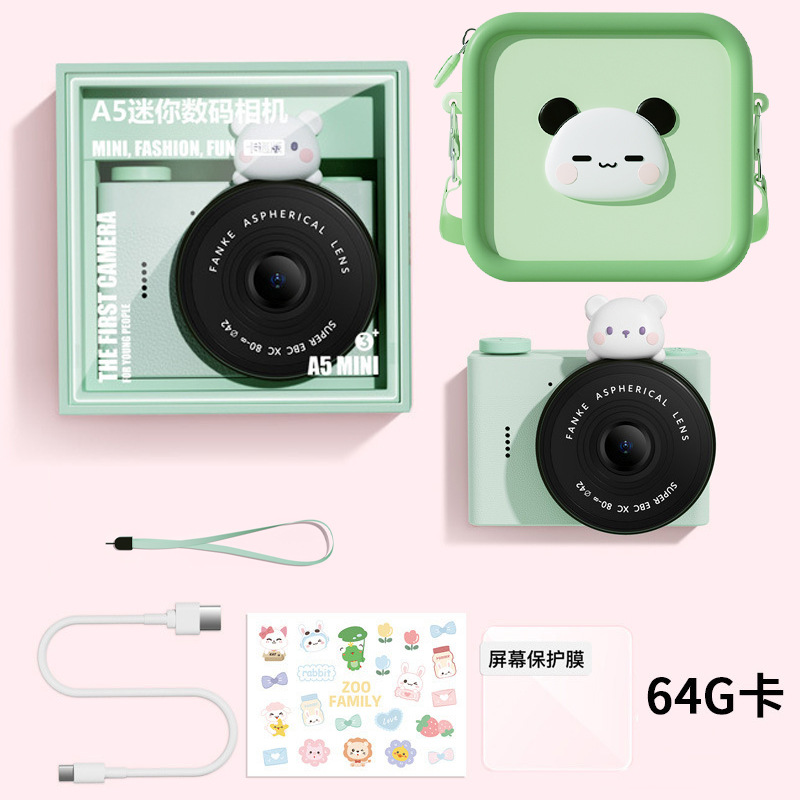 Cámara de estudiante de dibujos animados para niños A5 Cámara de bolsillo portátil de doble cámara delantera y trasera Mini cámara digital Regalo del día de los niños