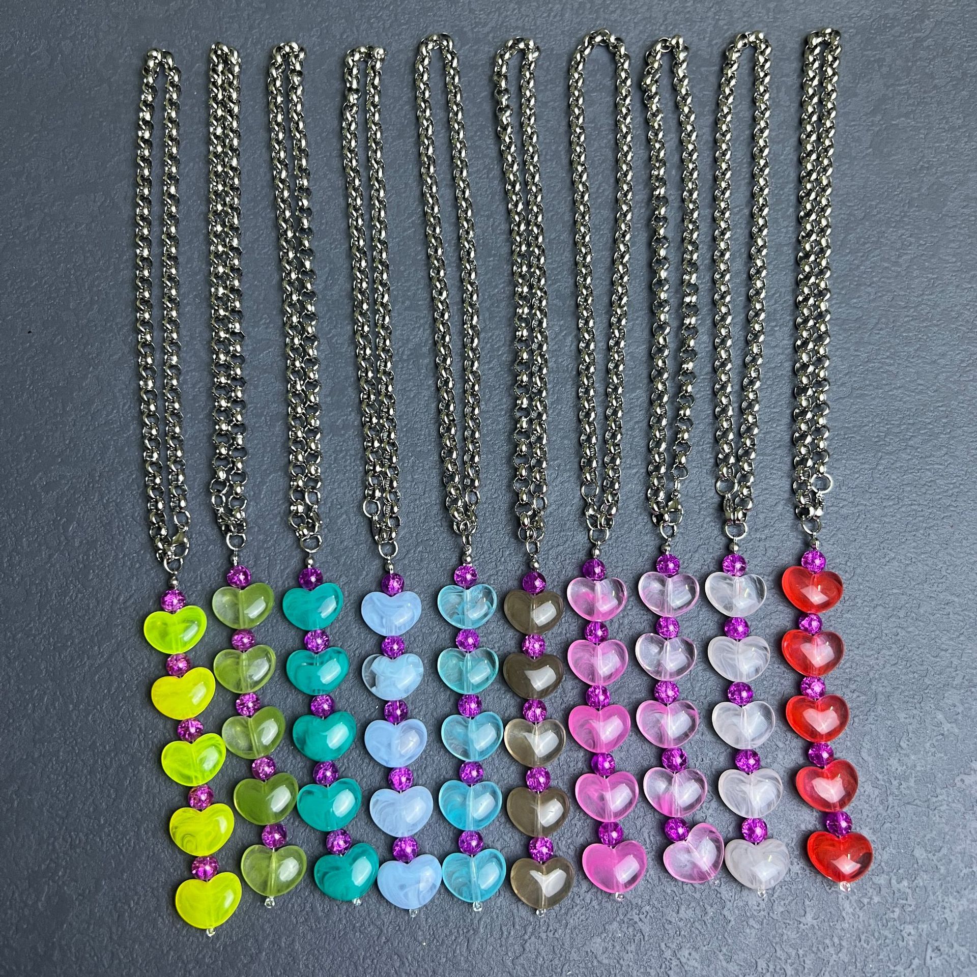 Fashion Heart Shape Stainless Steel Plating Acrylic Glass Bead Necklace_colorza_7