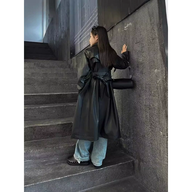 Long polyurethane trench coat, for teenagers, autumn, western style