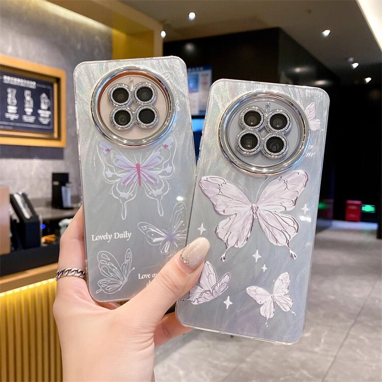Oppo Glitter Feather Cartoon Case Suitable for Reno15, Popular Electroplated Cute Phone Case with Lens Protector