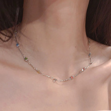 新款方形彩色宝石细锁骨链夏天项链轻奢小众高级感颈链女款项链
