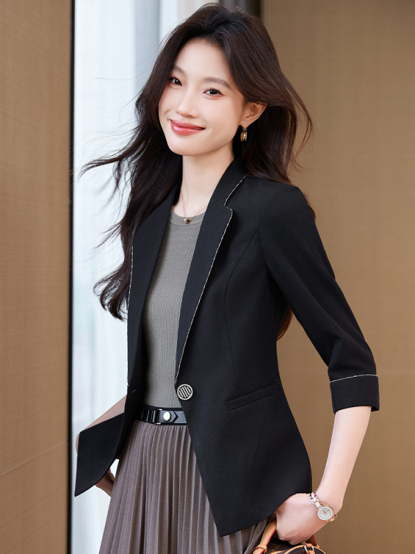 黑色西装外套女2025年春夏新款修身职业正装高级感七分袖西服上衣|undefined