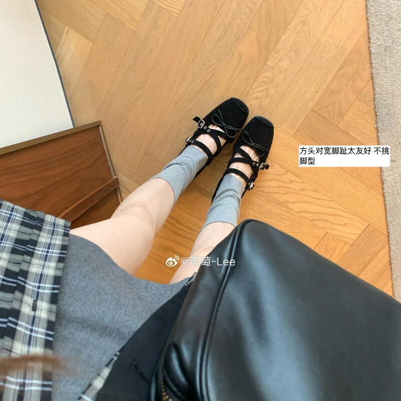 羊皮版~葡萄妈内增高4cm芭蕾平底单鞋女方头浅口交叉扣带玛丽珍鞋|undefined