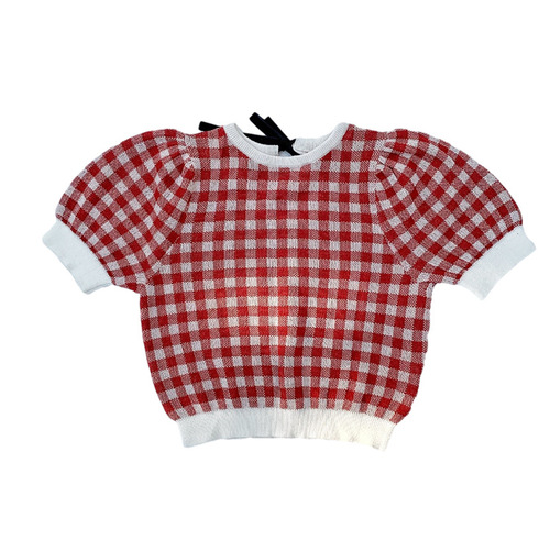  New Women's Children's Checkered Short Sleeve Top Summer Thin Knit Shirt Korean Version Baby Bubblesleeve Clothing Doll Shirt