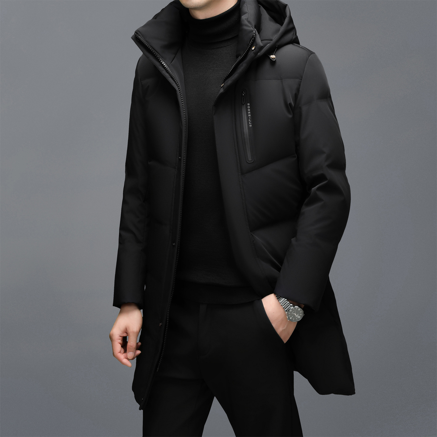 Chaqueta de plumón para hombres de alta gama gruesa de mediana edad y ancianos solapa de negocios de invierno casual de longitud media chaqueta de hombre con forro extraíble