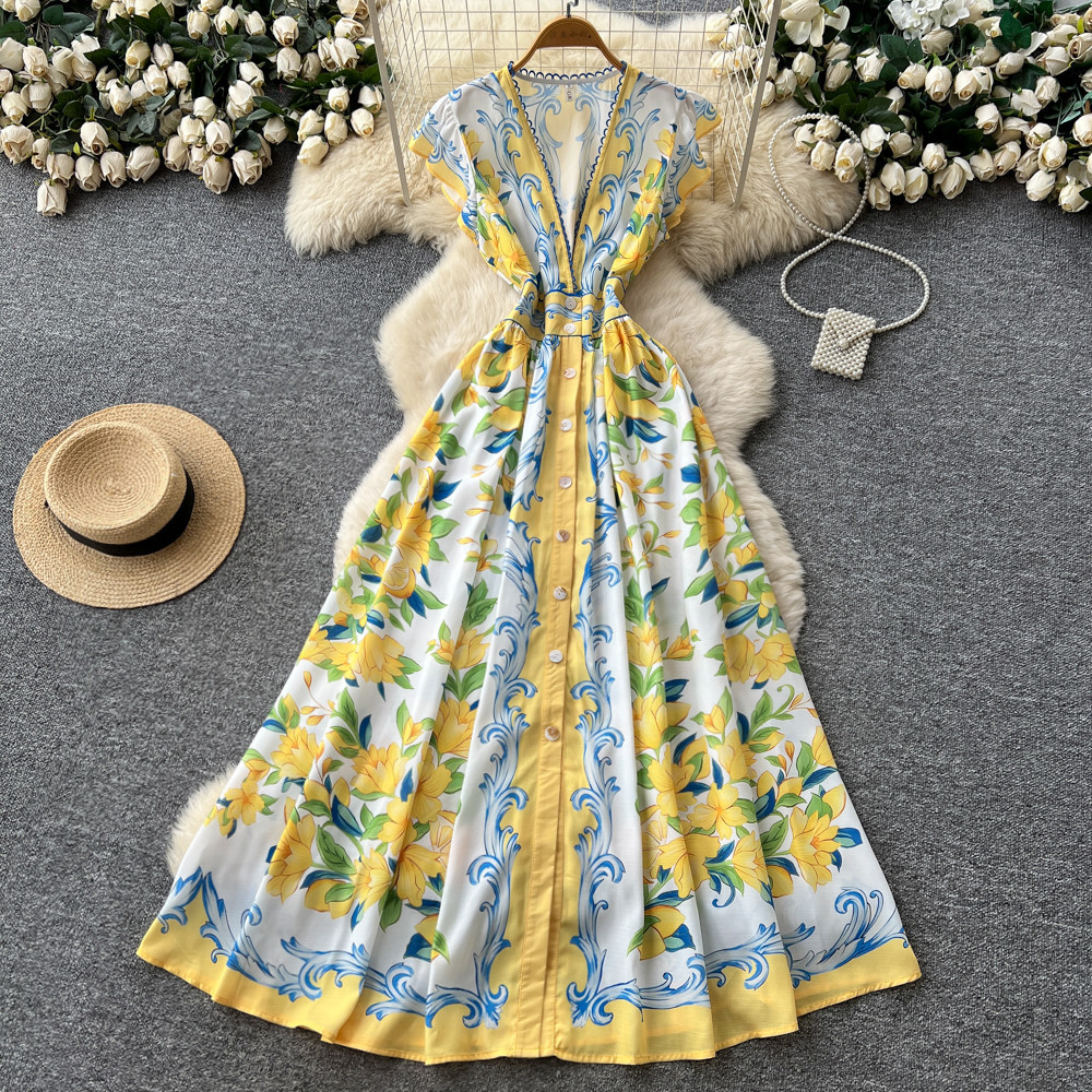 Women's European American Retro V Neck Dress Lace Trimmed Floral Print Fitted Waist Long Skirt Elegant Spring Autumn Wear_ecoleips.com