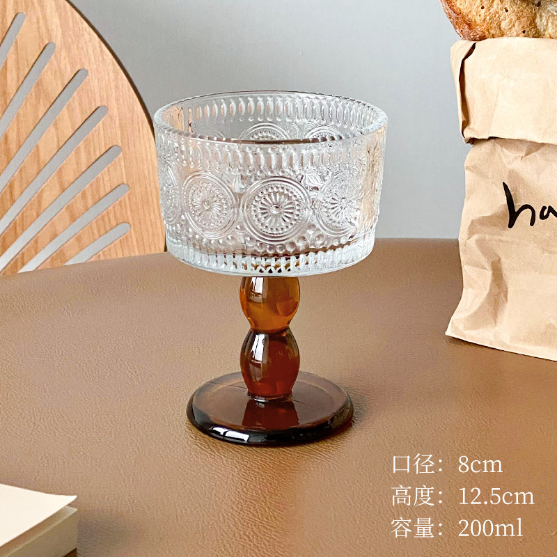 Retro medieval en relieve taza de helado de vidrio de pie alto taza de postre helado tazón de yogur tazón de desayuno nicho sensación de atmósfera