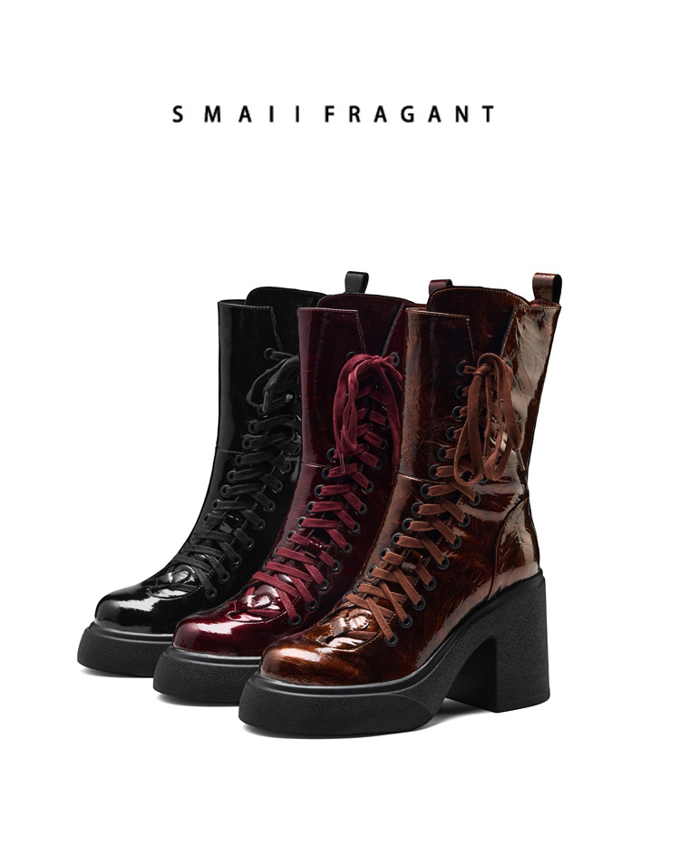 Boot nữ cổ ngắn đế dày 10 cm dây buộc mũi tròn khóa kéo bên — nhung đen chi tiết 15