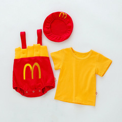 Ins Summer Baby Padded Bodysuit Thin Cartoon French Fries Strappy Onesie Set for Boys and Girls, Baby Bodysuit Crawling Suit