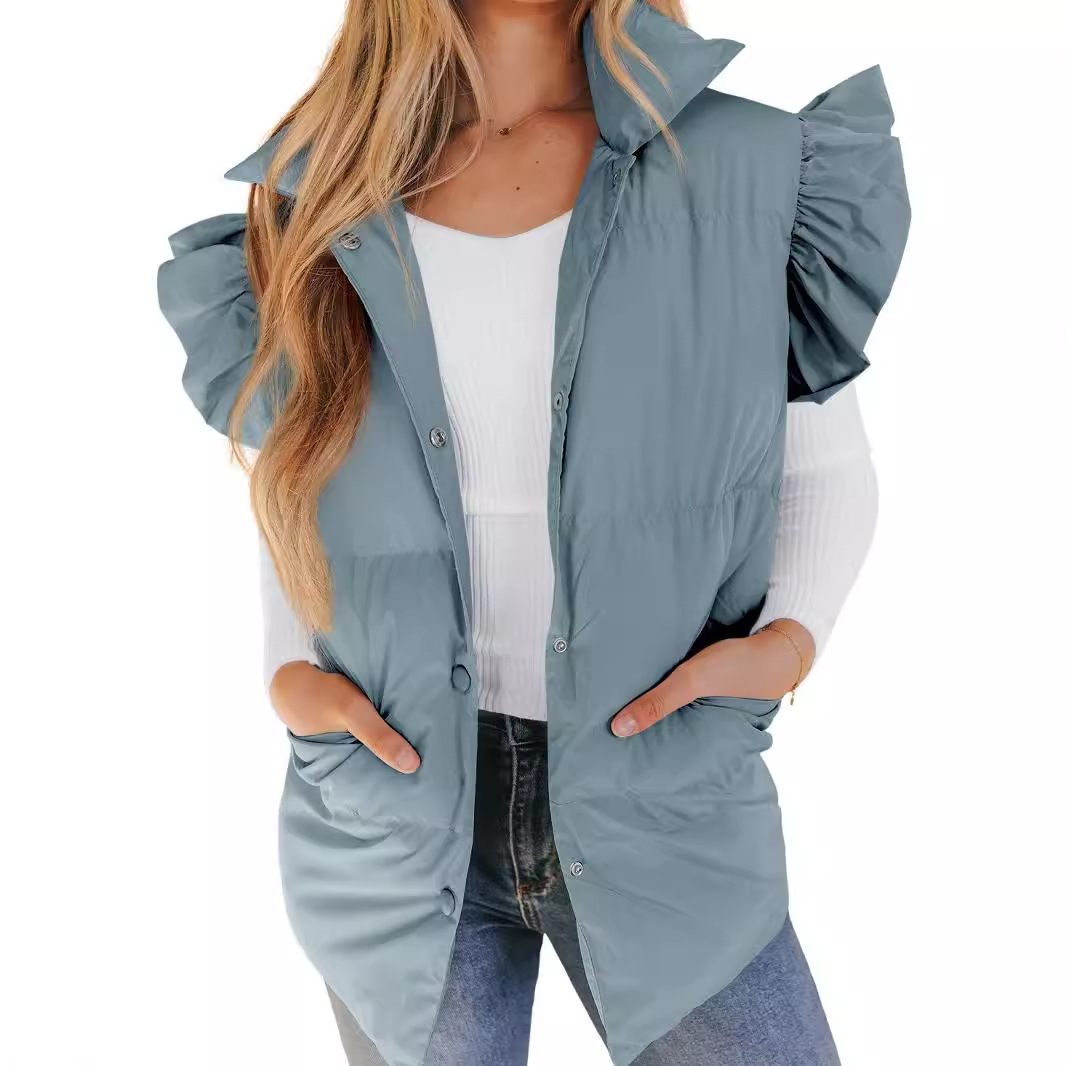 Transfronterizos de otoño e invierno de Europa y América Nueva suelta ropa acolchada de algodón de bolsillo suelto mangas de vuelo elegante Chaleco de pie collar de moda de un solo pecho