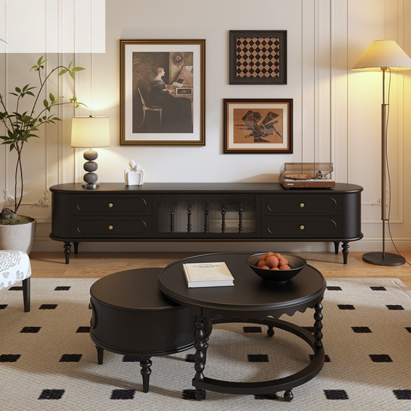 French Retro Tv Cabinet Living Room Solid Wood Mid-Century Style Black High Tv Cabinet Coffee Table American Floor Cabinet