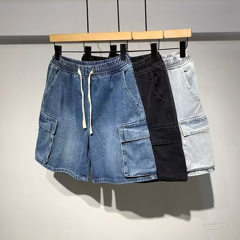 Japanese-Style Workwear Functional Elastic Waist Denim Shorts for Men, Five-Point Pants, 2026 Summer New Casual Loose Mid-Length Pants