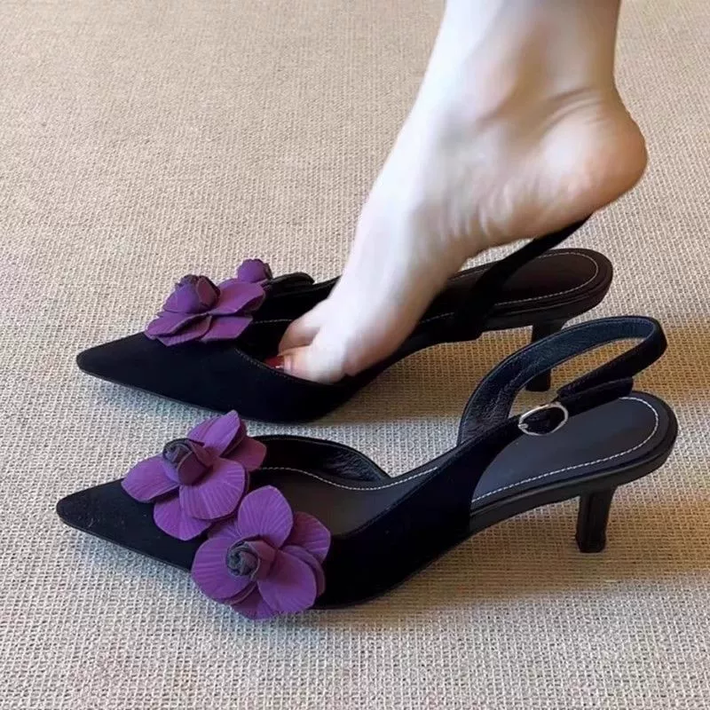 Элегантные женские босоножки на высоком каблуке-шпильке с открытым носком, заостренным носком, ремешком на щиколотке и открытой пяткой, французский стиль, коллекция 2025 года.