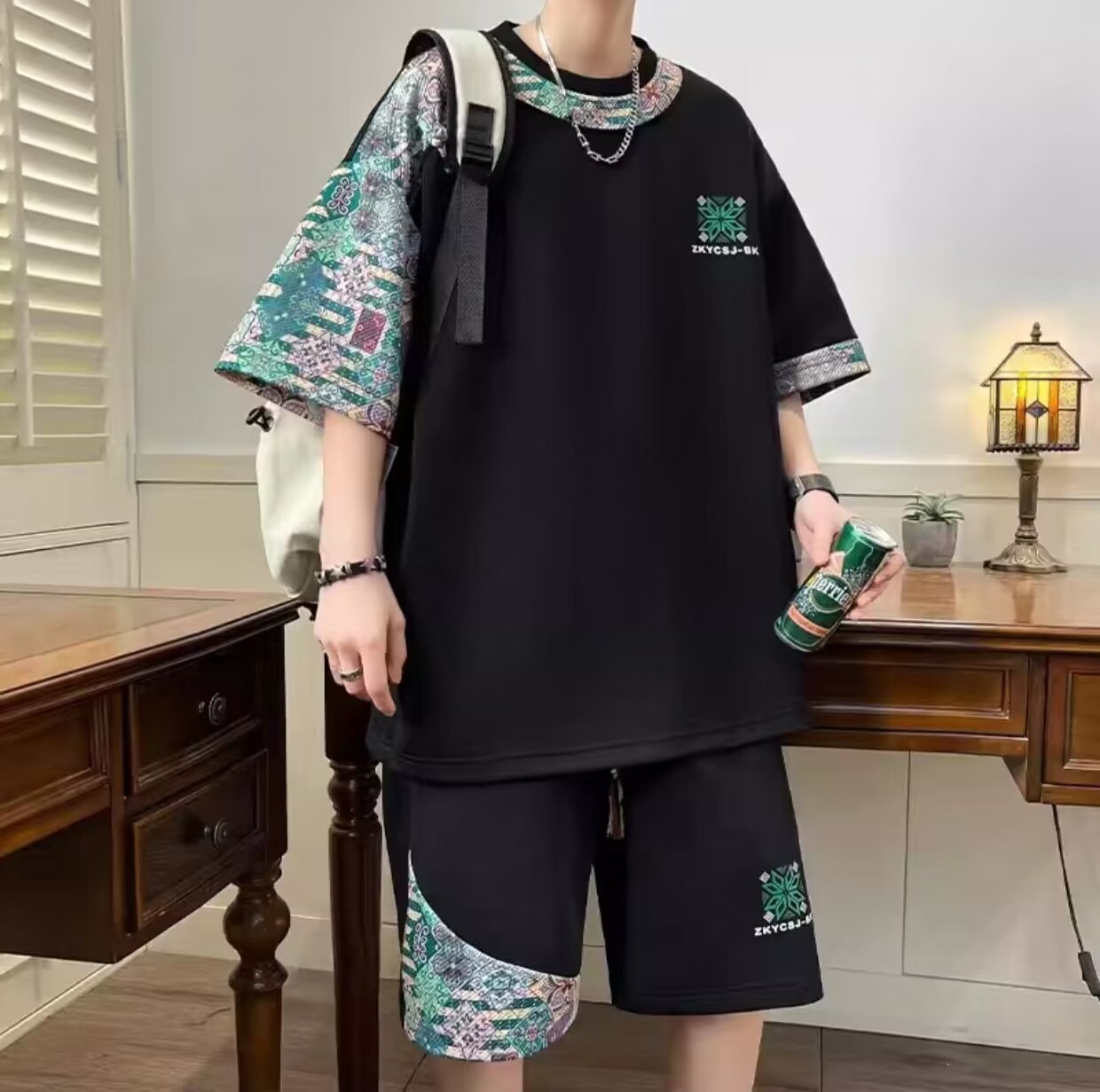 Sports Suit for Boys, Summer Ethnic Style Short-Sleeved Shirt and Shorts, New Chinese Style Large Size Trendy Two-Piece Set