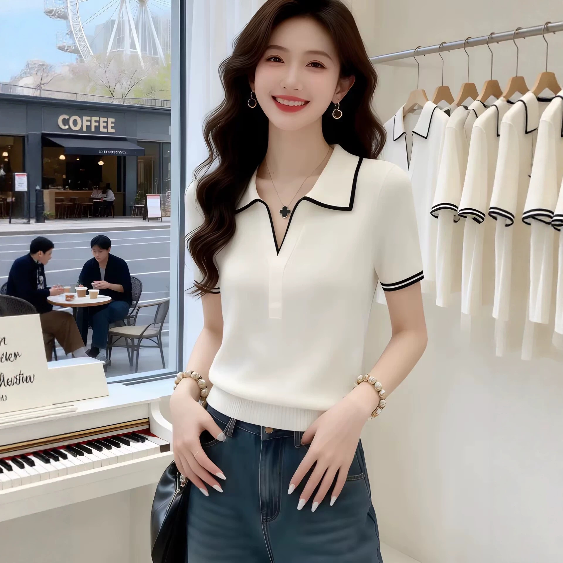 Áo thun ngắn tay polo cổ bẻ phong cách Pháp vai vuông cao cấp — màu trắng