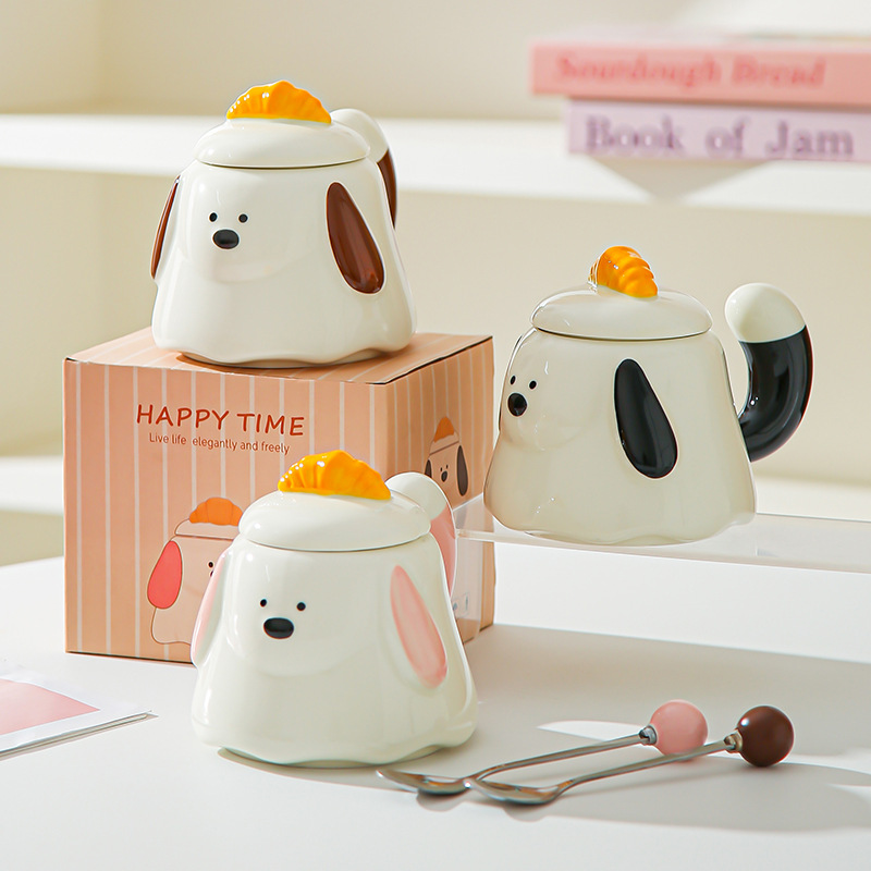 Cartoon dibujado a mano bolsas de corn de perro tazas de oficina encantadoras con tazas de agua cubiertas tazas de desayuno casero regalo de mano