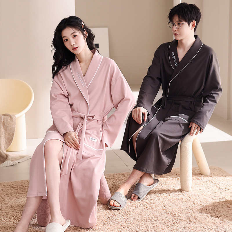 Spring and Autum Couple Nightgown Women's Long-Sleeved Sexy Style Pure Cotton Simple Thin Home Clothes Extra Long Men's Bathrobe