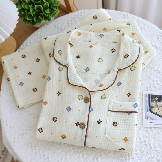 Spring and Summer thin pure cotton crepe cotton yarn pajamas women's long-sleeved home wear summer Korean style outerwear lapel Women's
