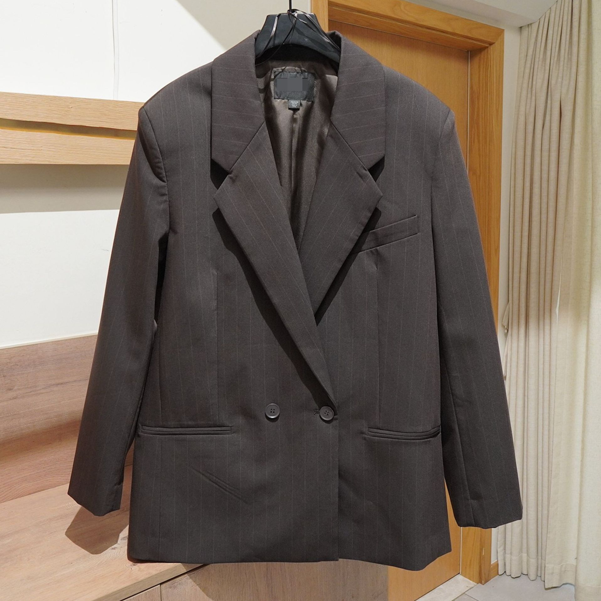 Original European and American Fashion Women's Wholesale Vertical Stripesd Loose Shoulder Pad Suit Dark Brown Suit Jacket 1255/789