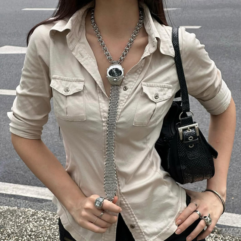 2025 夏ヨーロッパとアメリカの女性の服ストリート作業服スタイルラペルポケットスリムフィットミッドスリーブシャツ女性卸売|undefined