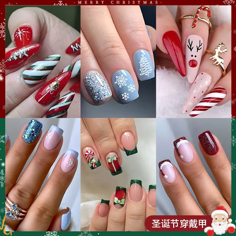 圣诞可爱麋鹿穿戴美甲成品合集假指甲press on nails美甲甲片批发