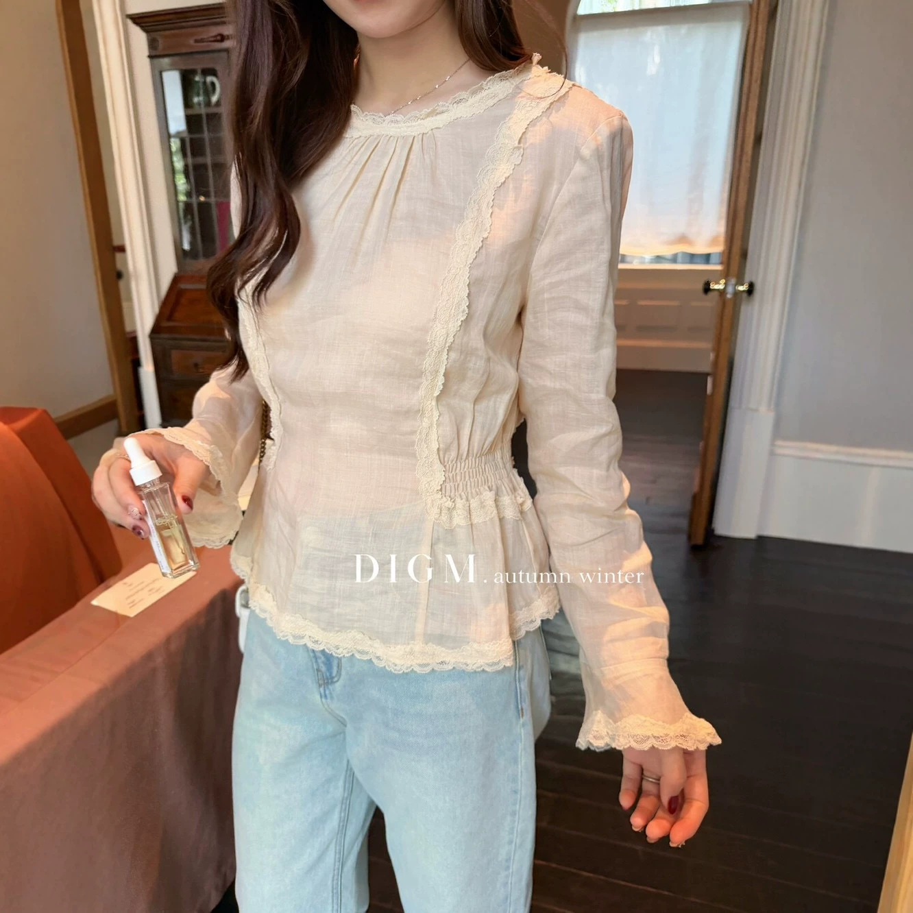 2026 Autumn New Arrival [DIGM] Korean Style Gentle and Sweet Lace-up Design Slimming Waist Top