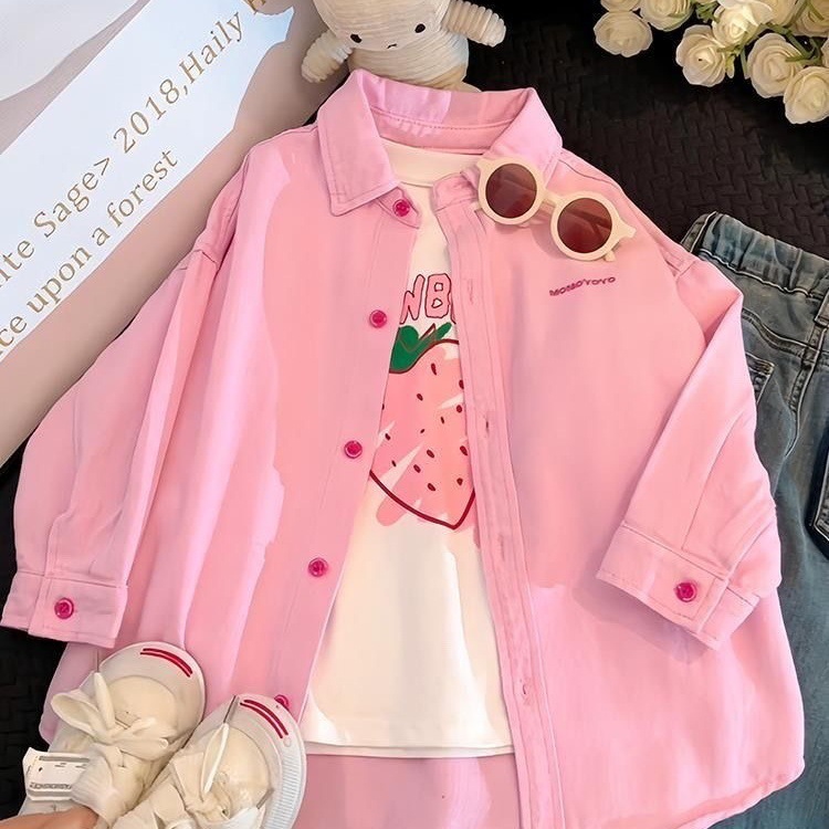 Nueva chaqueta de niña 2026 primavera y otoño estilo extranjero chicas primavera y otoño camisa vaquín rosa para niños Hanfan ropa de moda