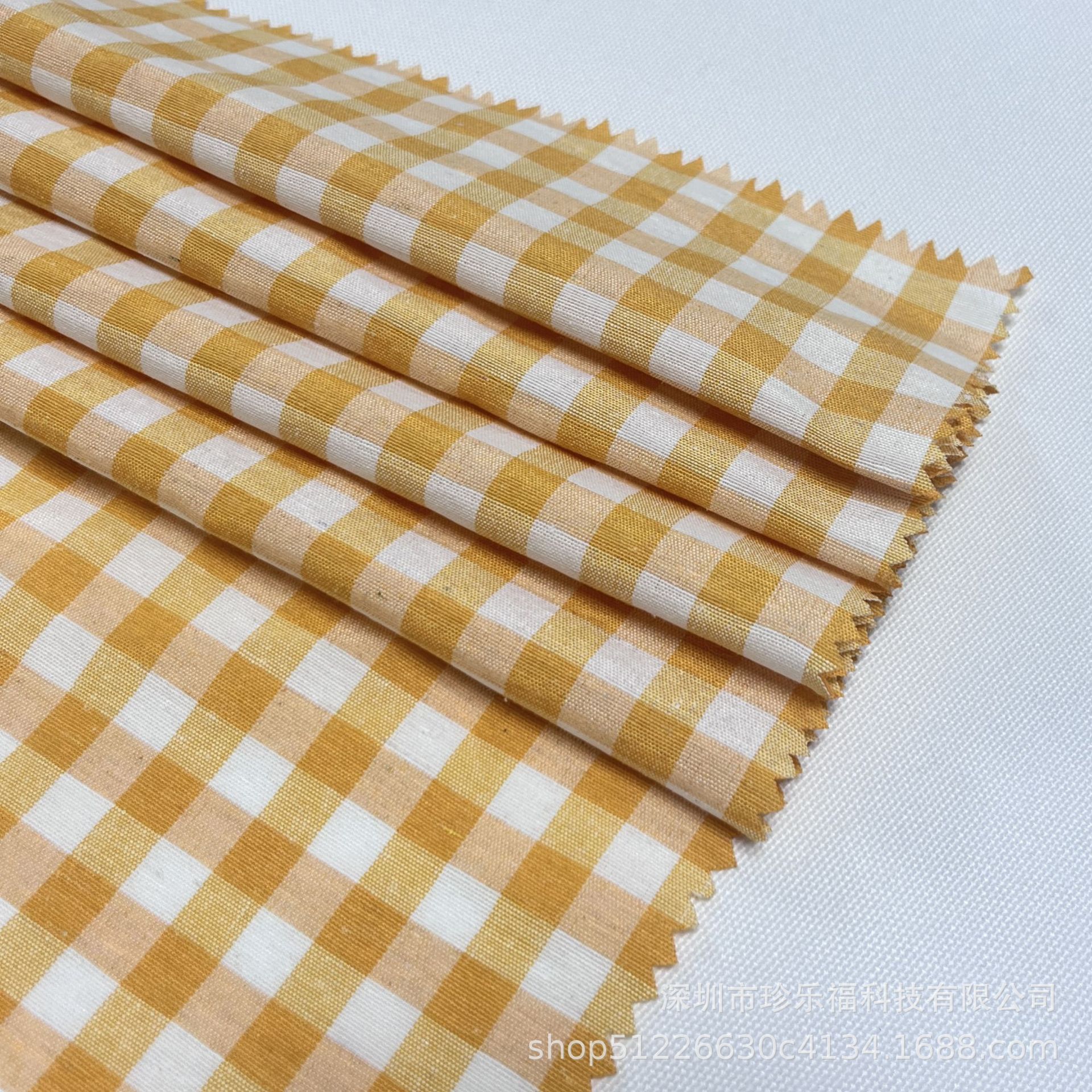 涤纶抗皱黄色格子不春夏季连衣裙上衣服装时尚布料衬衫格子面料