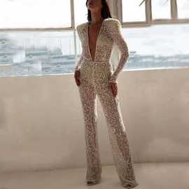 2021春夏外贸时尚新款女装独立站V领性感洒金长袖长裤性感连体裤