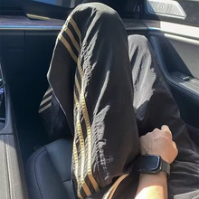 黑色条纹速干伞兵裤男夏季美式三条杠直筒运动裤宽松休闲阔腿裤子